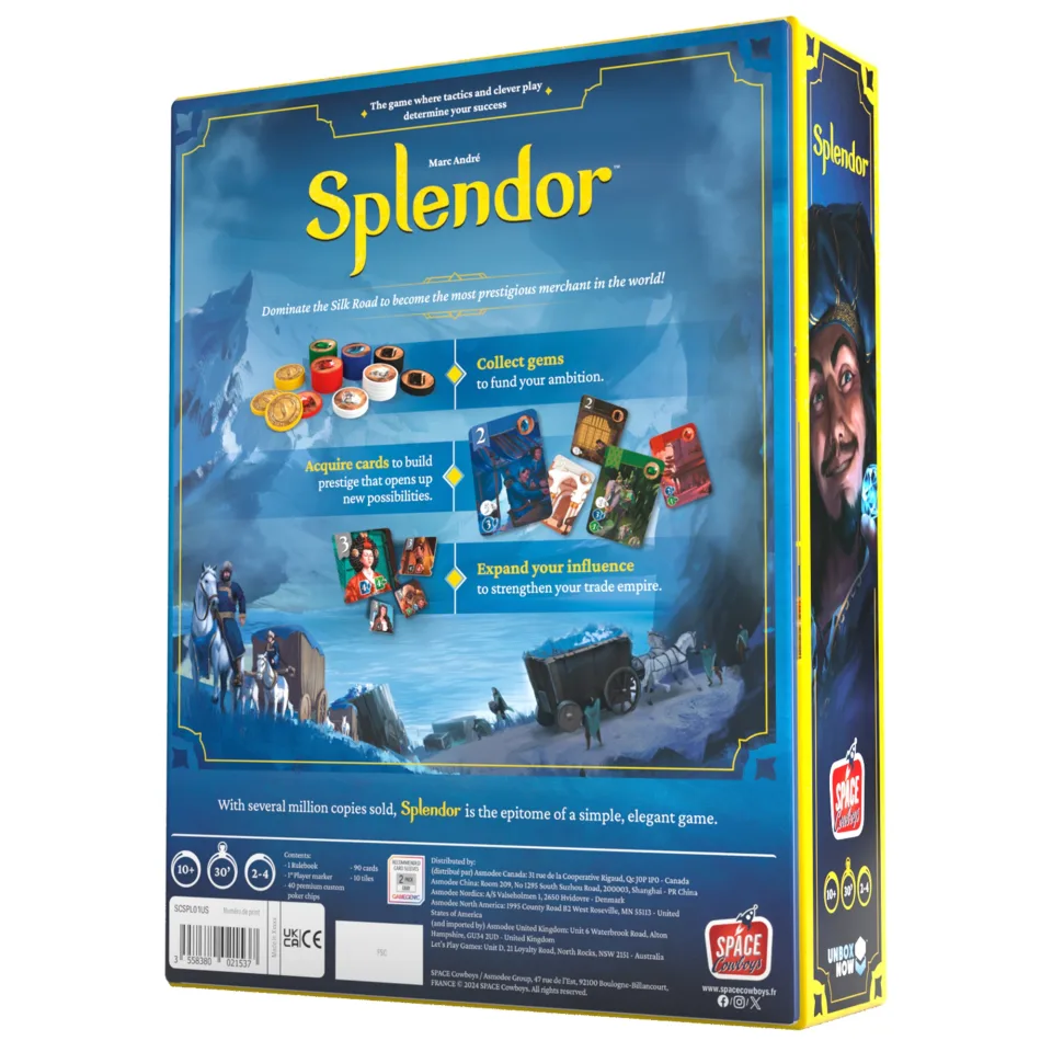 Splendor board game components including cards, noble tiles, and gem tokens.