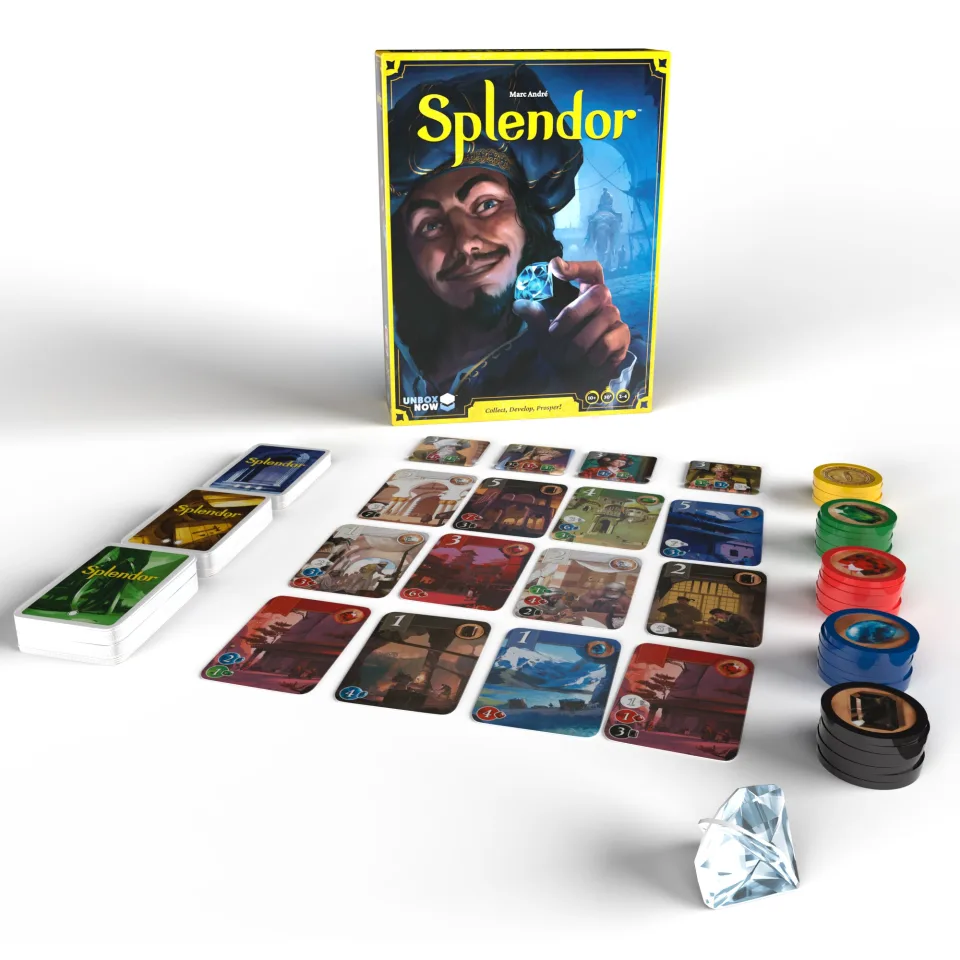 Close-up of Splendor development cards and gem tokens during play.