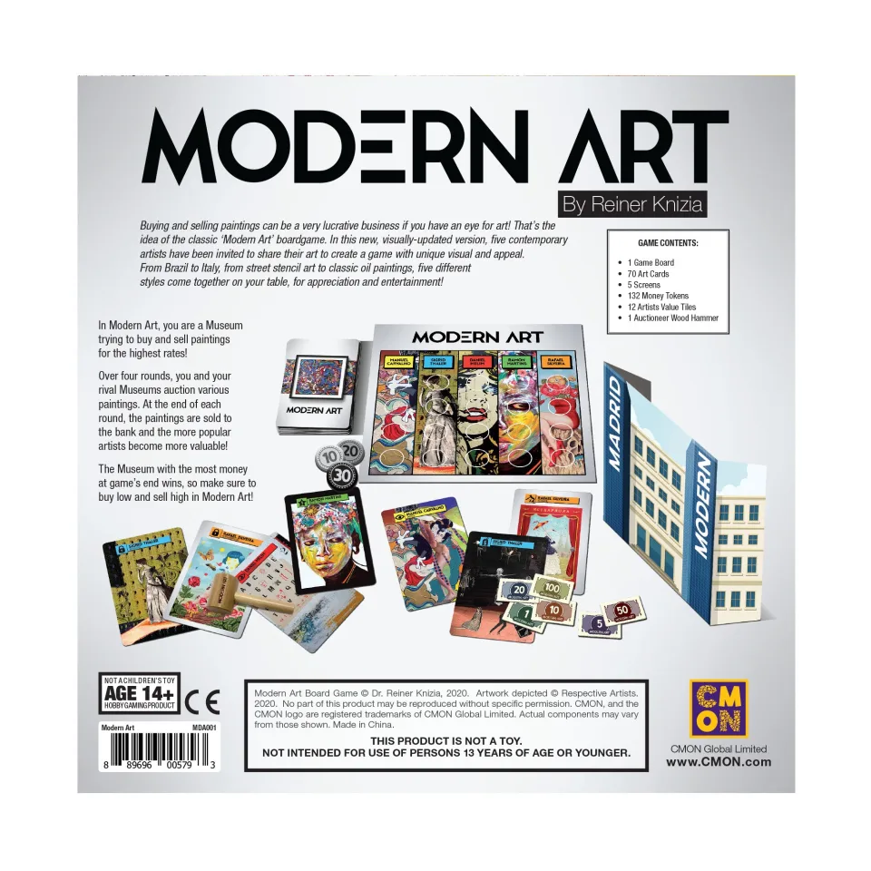 Back of Modern Art board game box with game overview and component images.