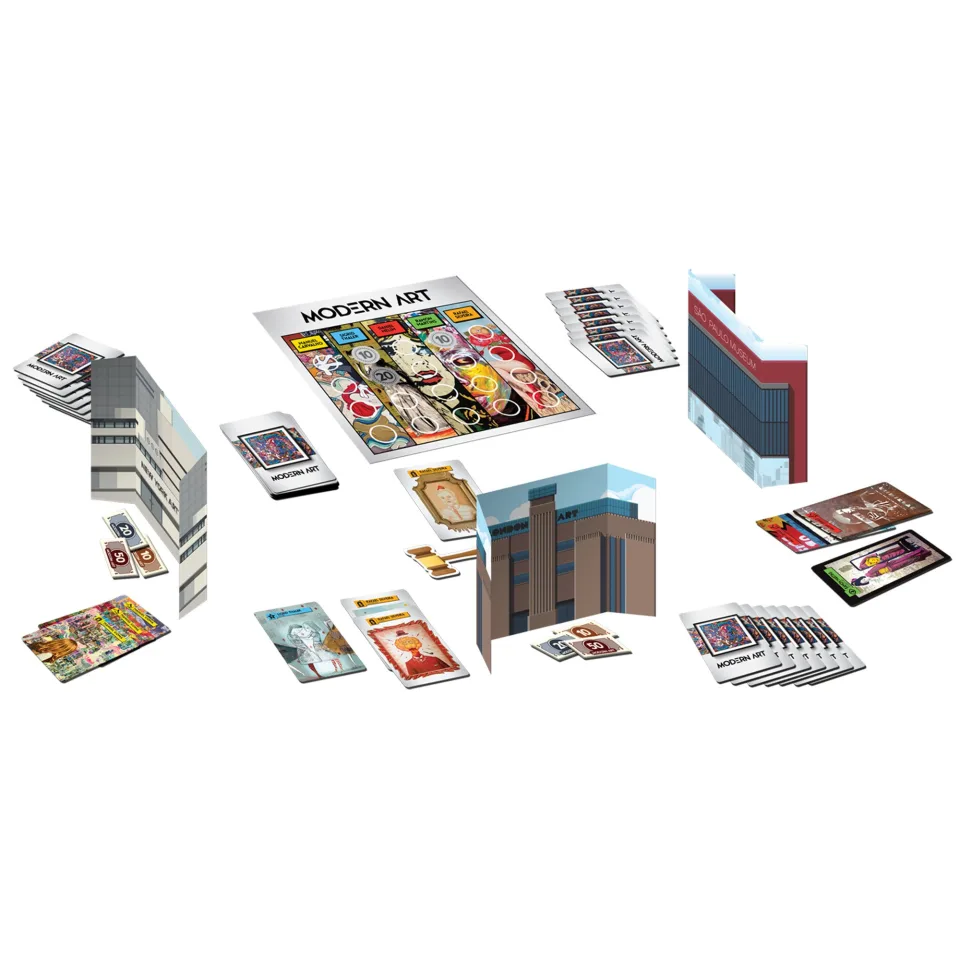 Modern Art board game components laid out with board, art cards, player screens, and money.