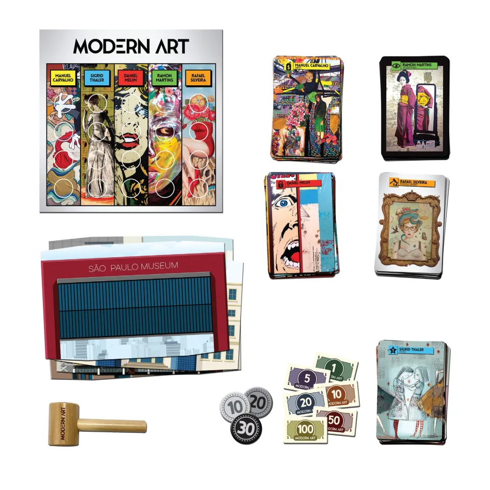 Close-up of Modern Art auction hammer, money tokens, and game materials.