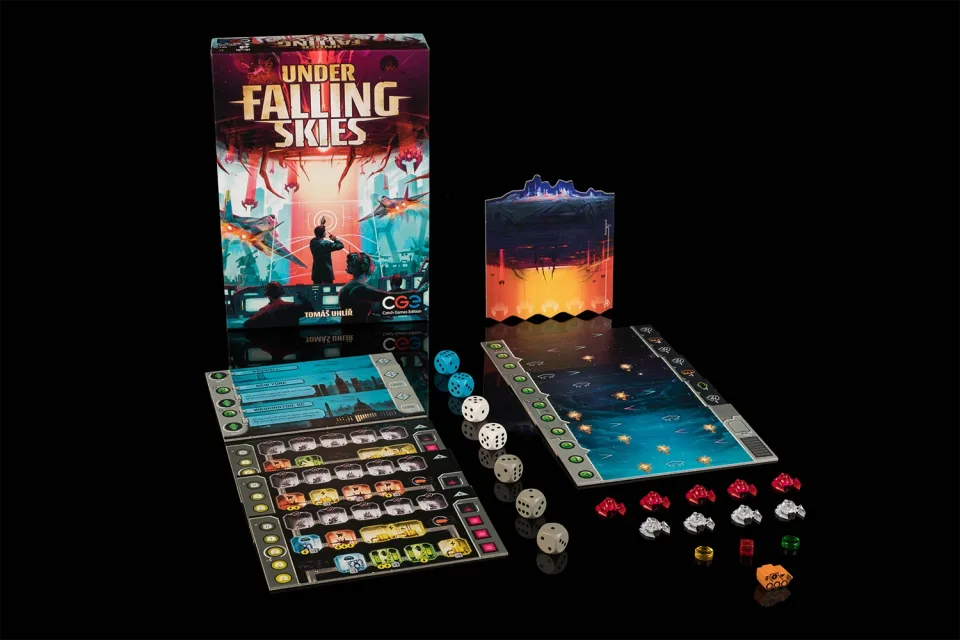 Detailed view of Under Falling Skies game components.