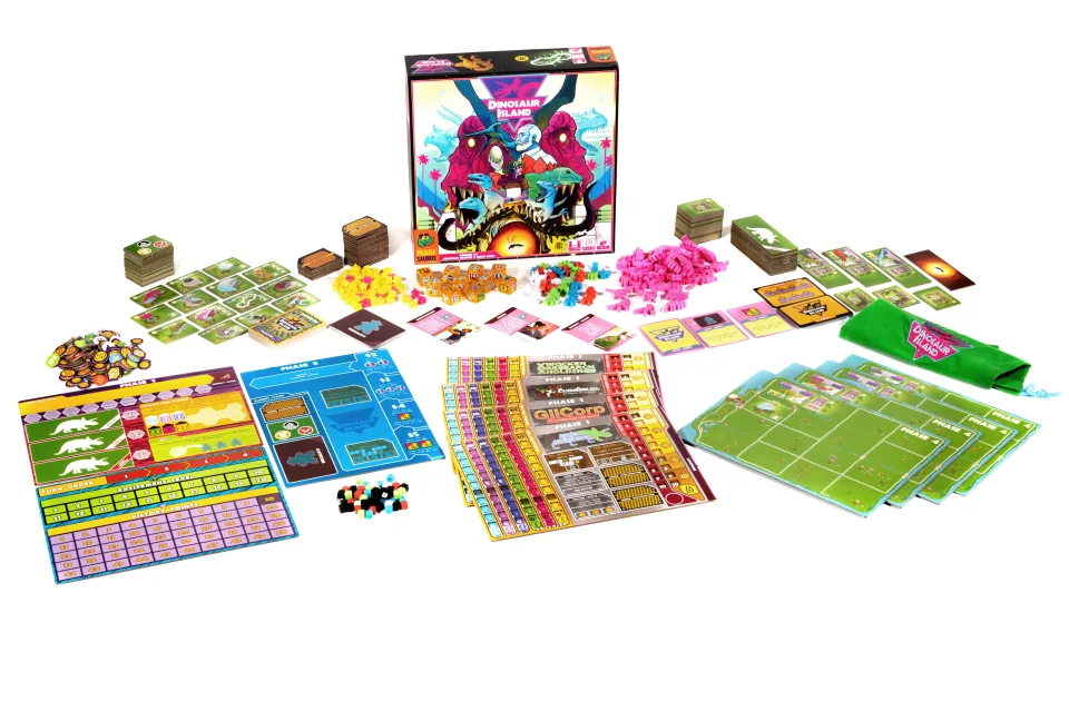 Dinosaur Island retail box shown with board game components.