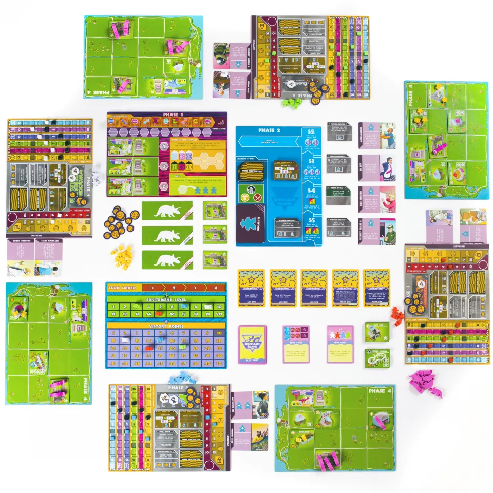 Overhead view of Dinosaur Island boards, cards, tokens, and dinosaur pieces.