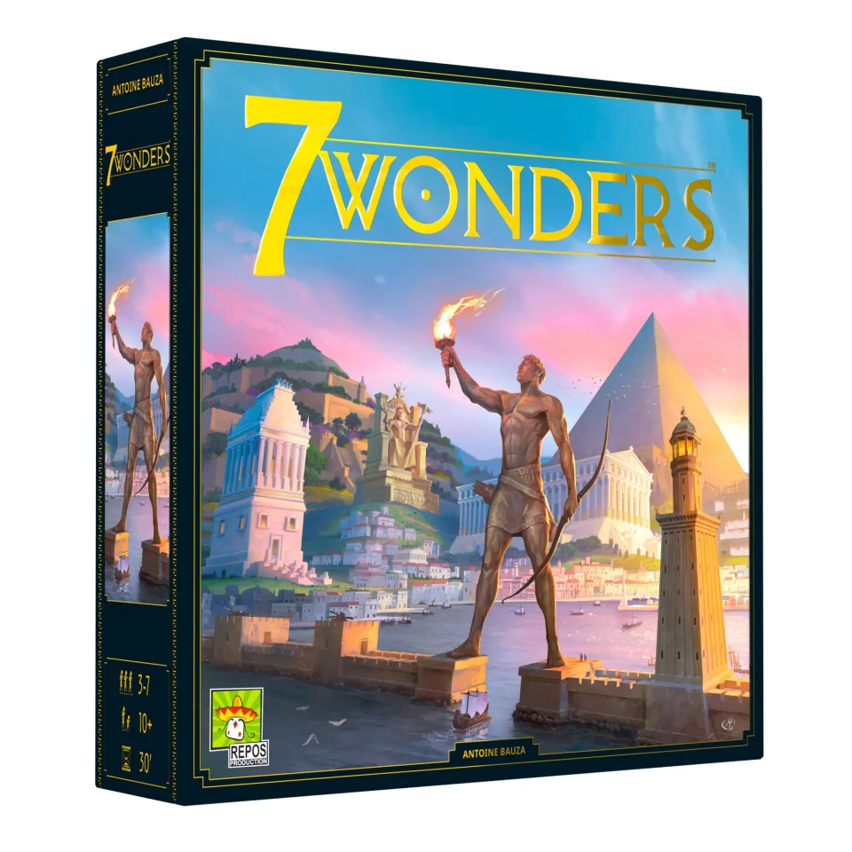 Back of 7 Wonders second edition box showing contents overview.