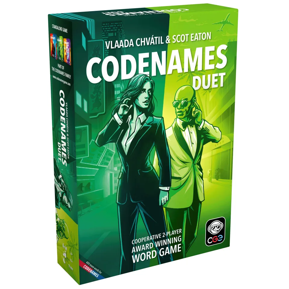 Back of Codenames Duet box with game overview and component images.