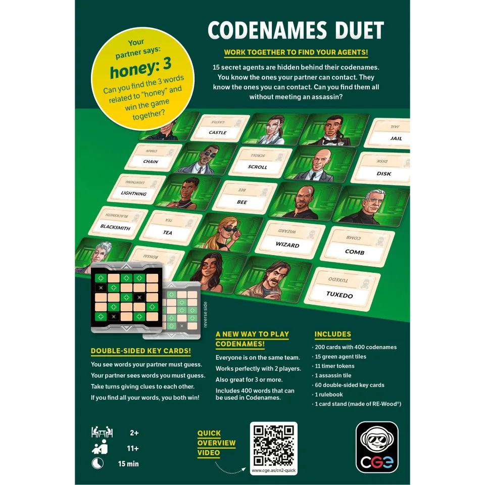 Codenames Duet word cards, agent tiles, and map key card.