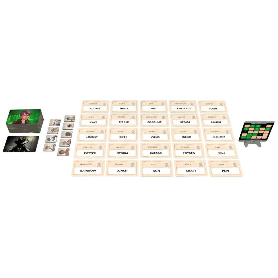 Codenames Duet cooperative word-card grid on a table.