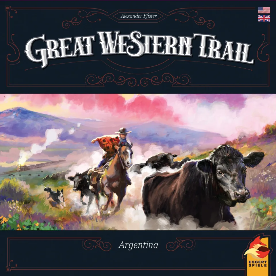 Close-up of the Great Western Trail Argentina route map and game pieces.