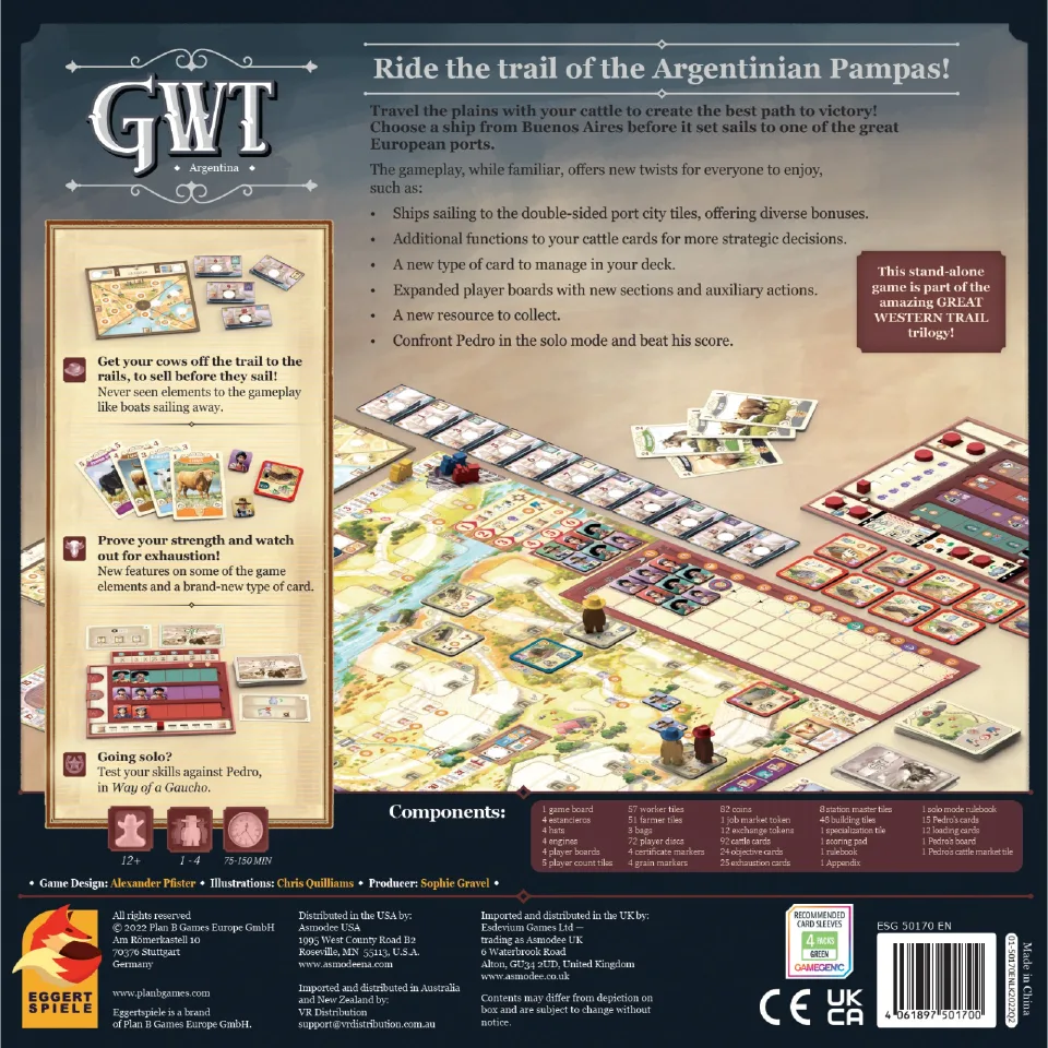 Great Western Trail Argentina board game components.