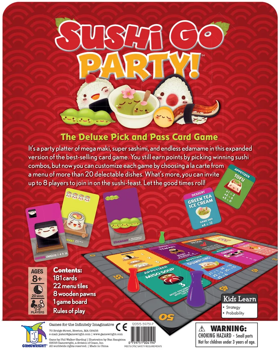 Back of Sushi Go Party card game box.