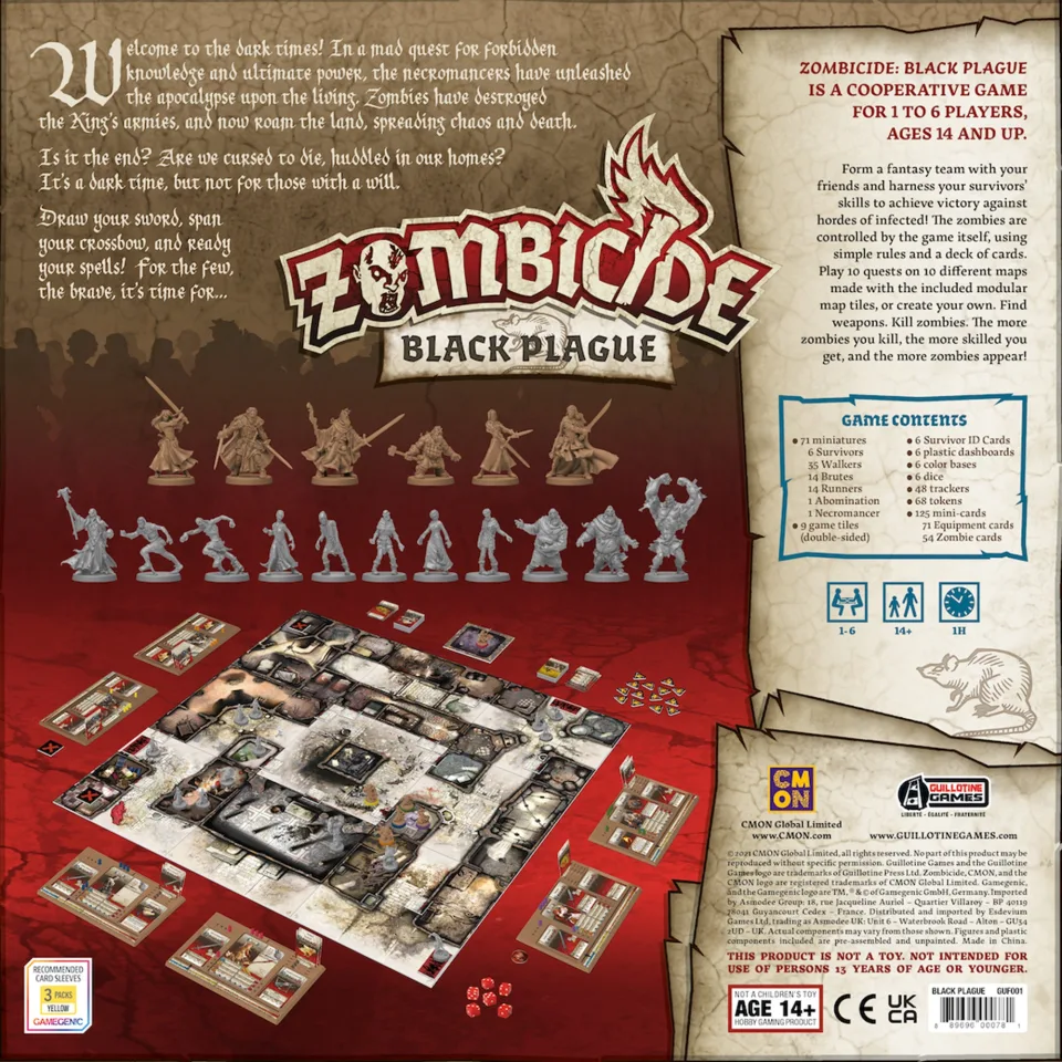 Zombicide Black Plague miniatures, tiles, cards, and tokens.