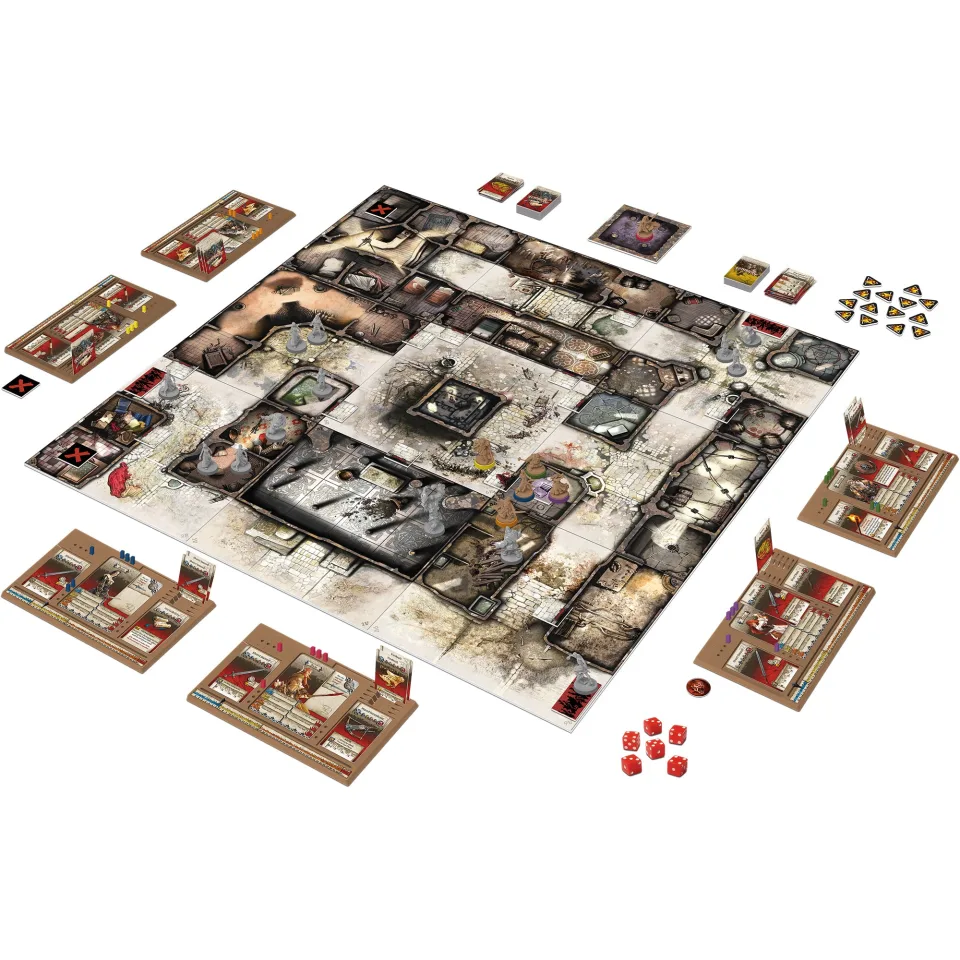 Zombicide Black Plague game tiles and miniatures arranged for a scenario.