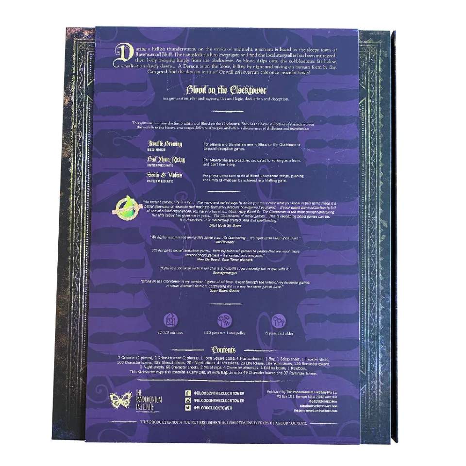 Back of Blood on the Clocktower board game box.