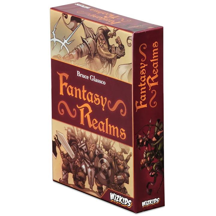 Fantasy Realms card game components including cards, scorepad, and rulebook.