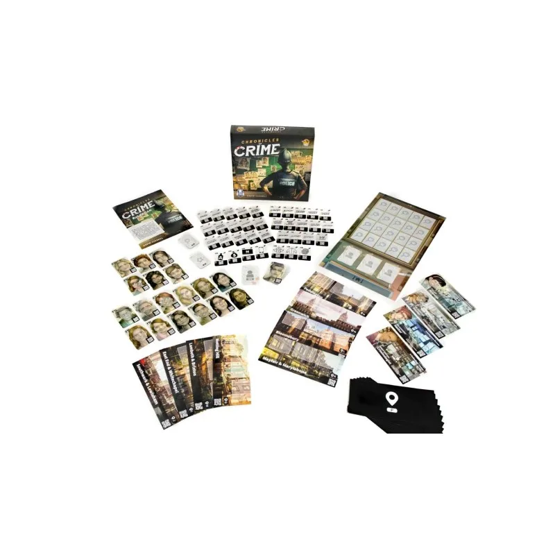 Chronicles of Crime base-game components arranged on a table
