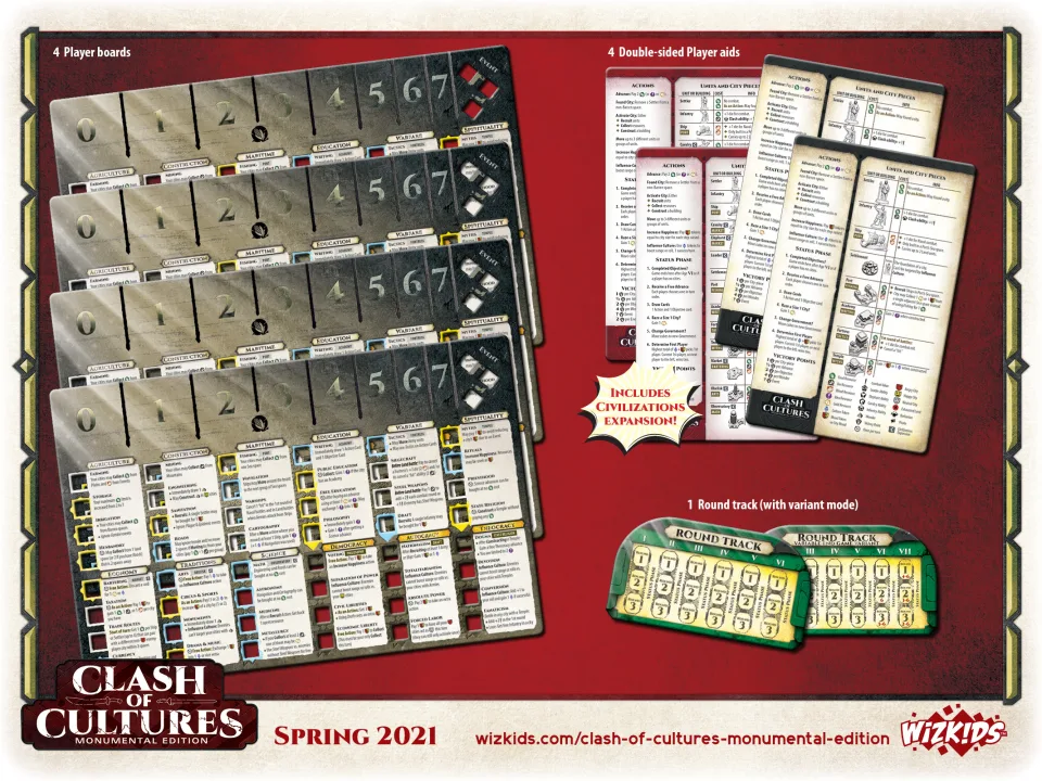 Clash of Cultures Monumental Edition player boards and reference aids