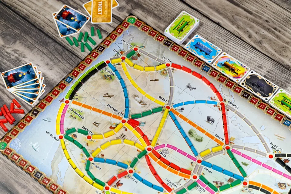 Ticket to Ride North America map with routes and train pieces
