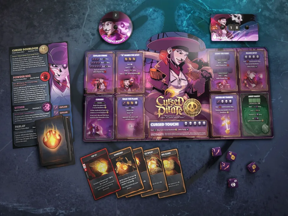Dice Throne Pirate hero board cards and dice