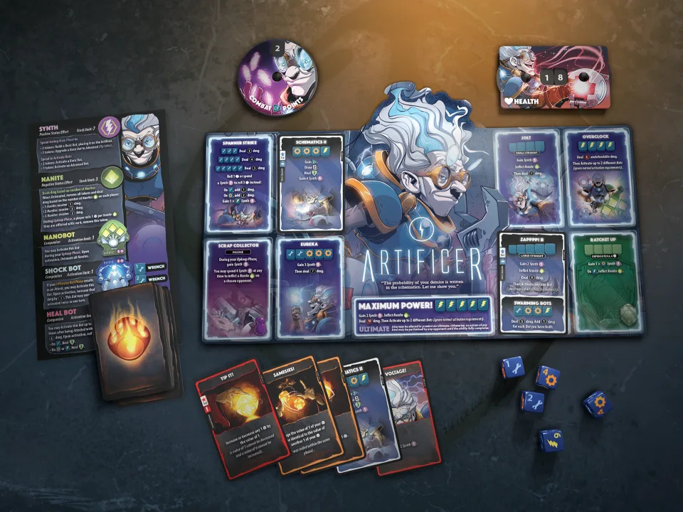 Dice Throne Artificer hero board cards and dice
