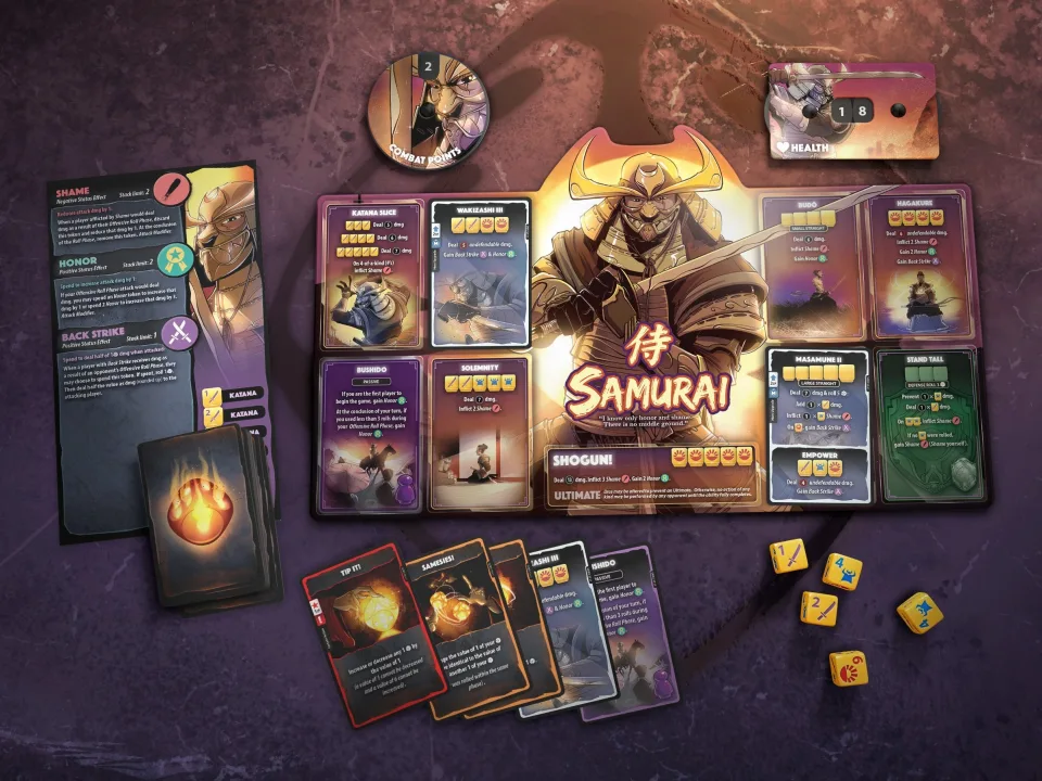 Dice Throne Samurai hero board cards and dice