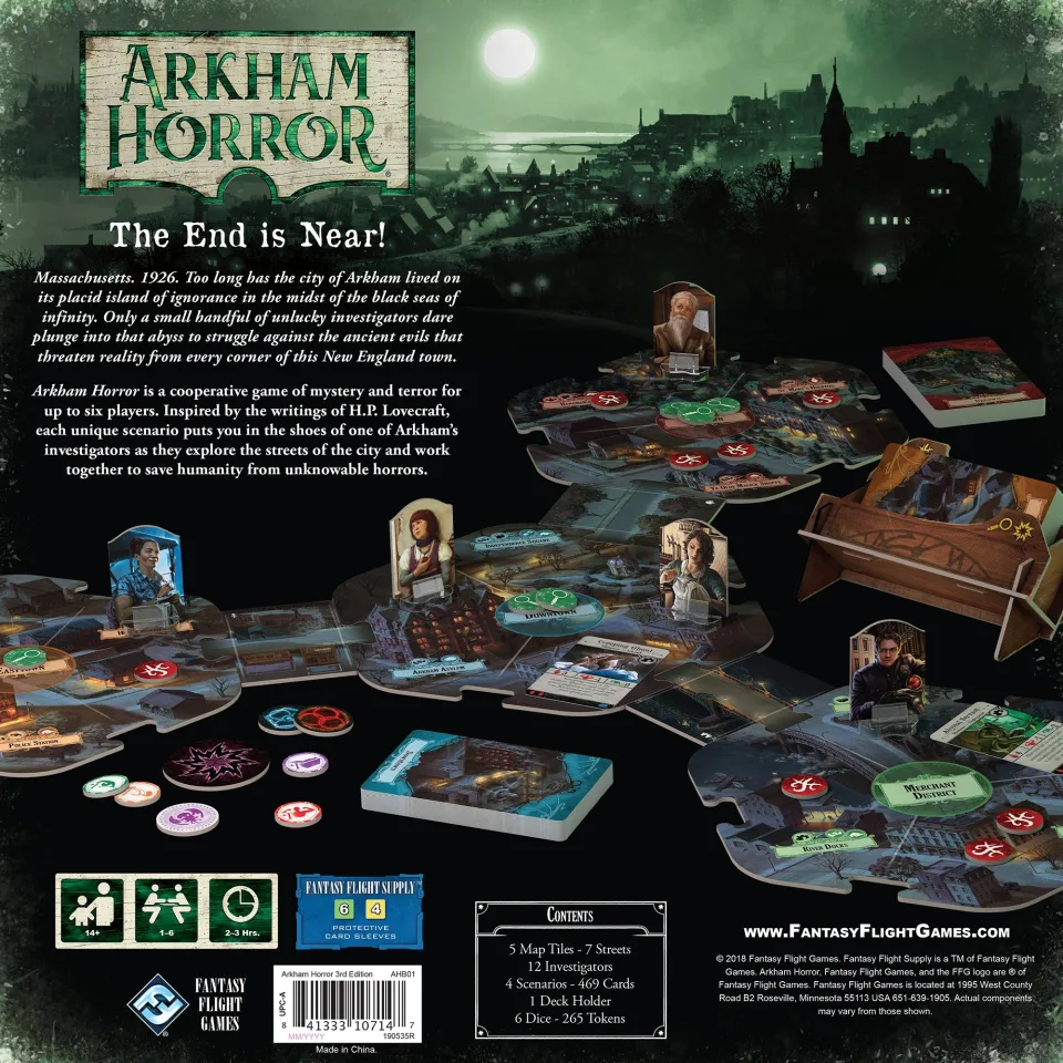 Back of the Arkham Horror Third Edition base-game box