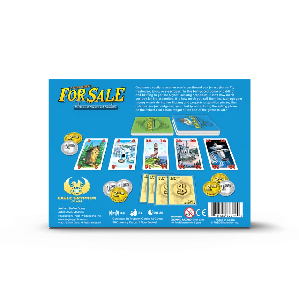 For Sale game cards and coin components shown on the back of the box