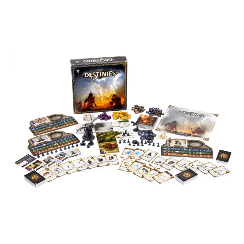 Destinies base-game components laid out with box and miniatures