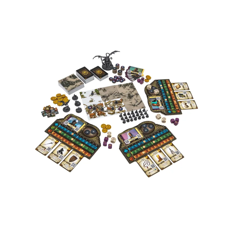 Destinies game setup with player boards, map tiles, and miniatures