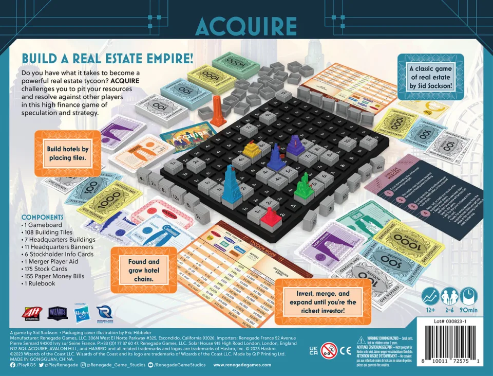 Back of the Acquire base-game box with component overview