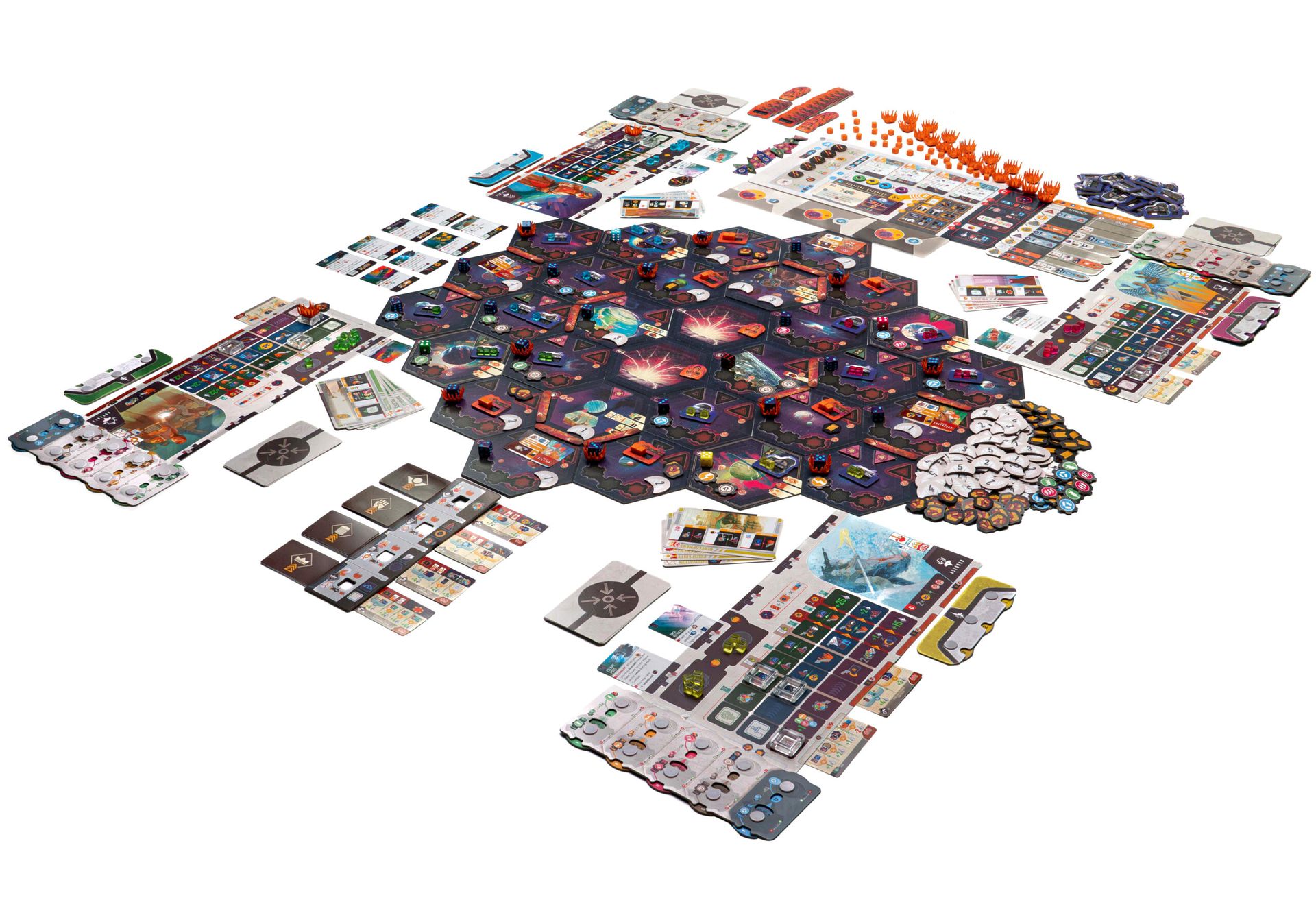 Voidfall Standard Edition components laid out around the board