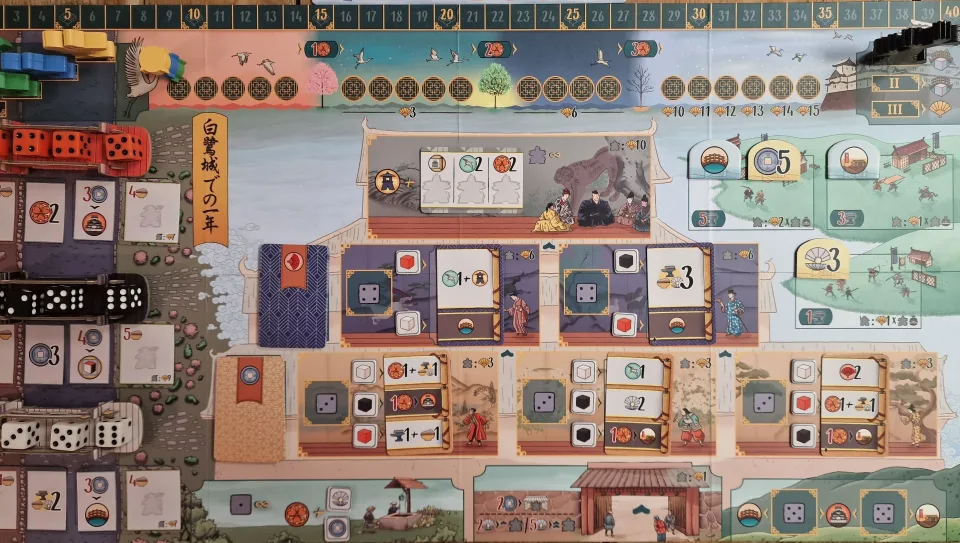 The White Castle board with action spaces and dice